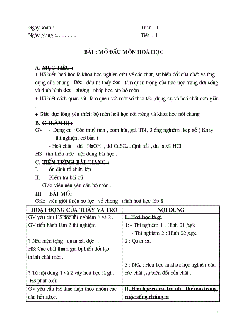 Giáo án hóa 8 kì I chi tiết