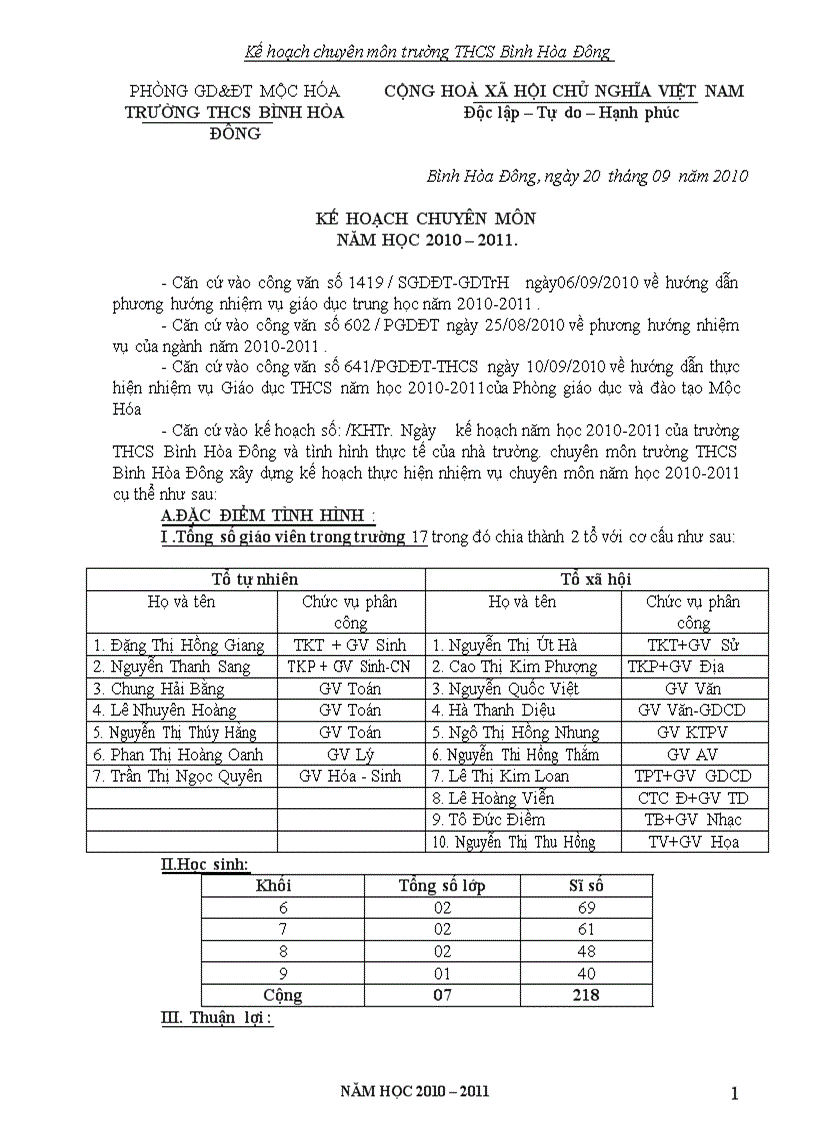 Kế hoạch chuyên môn 10 11