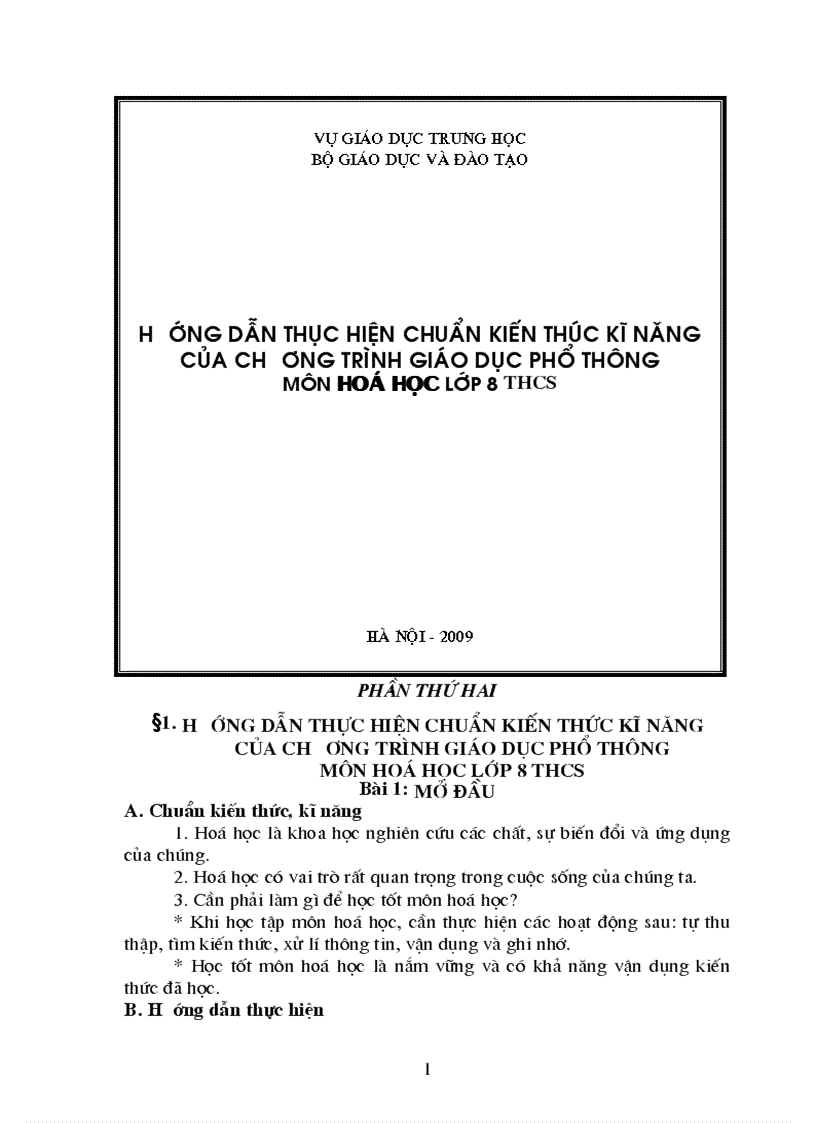 Chuẩn kiến thức kỹ năng môn hóa lớp 8