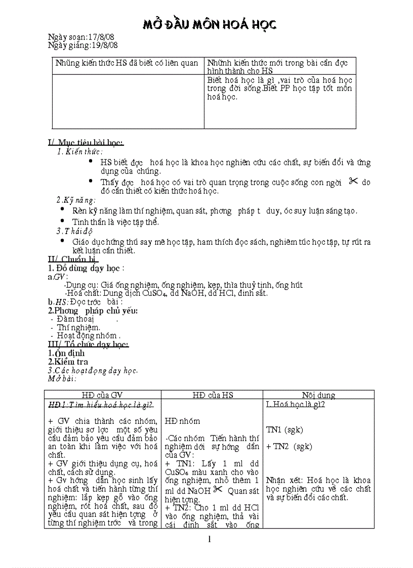 Giáo án Hóa 8 Kì I Chuẩn