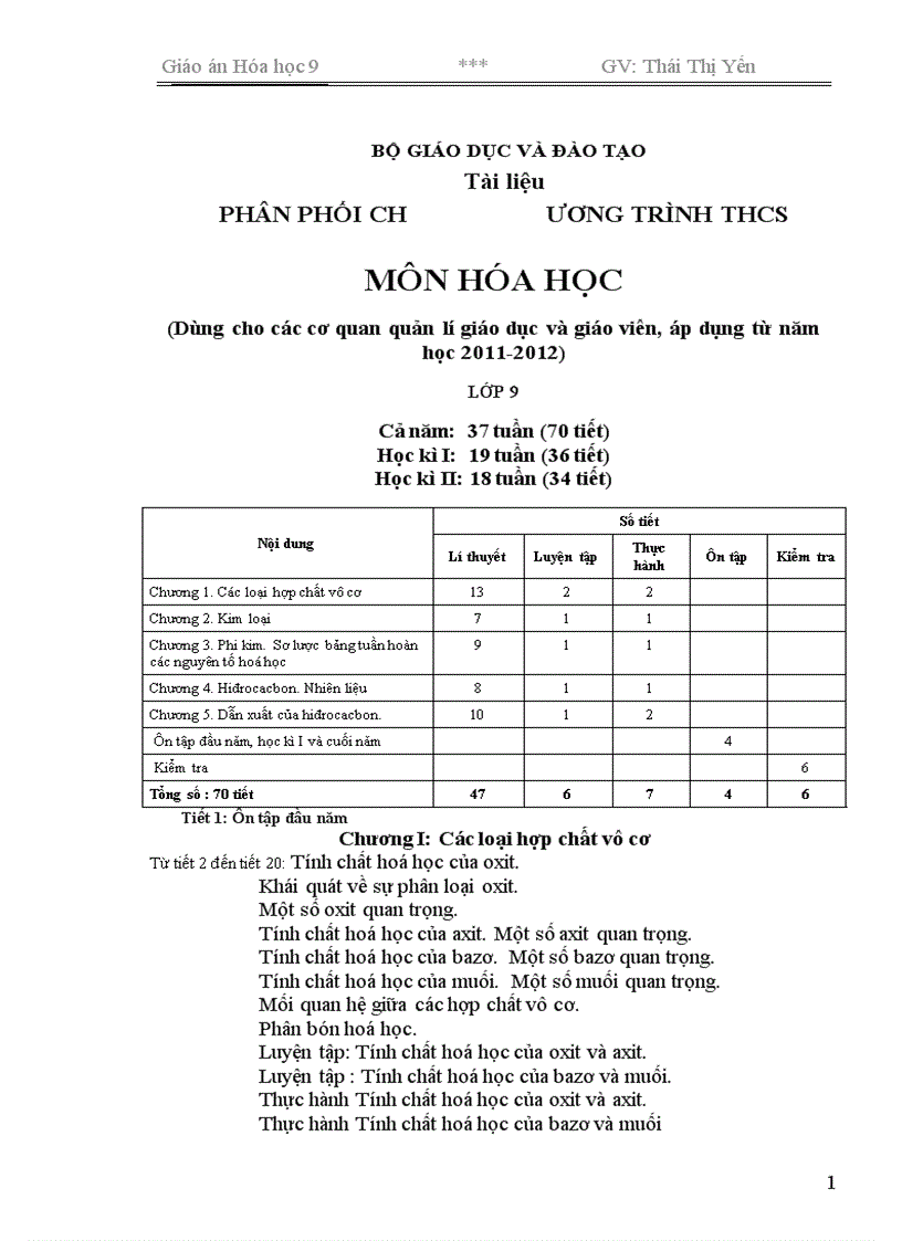 Giáo án Hóa 9 chương trình mới