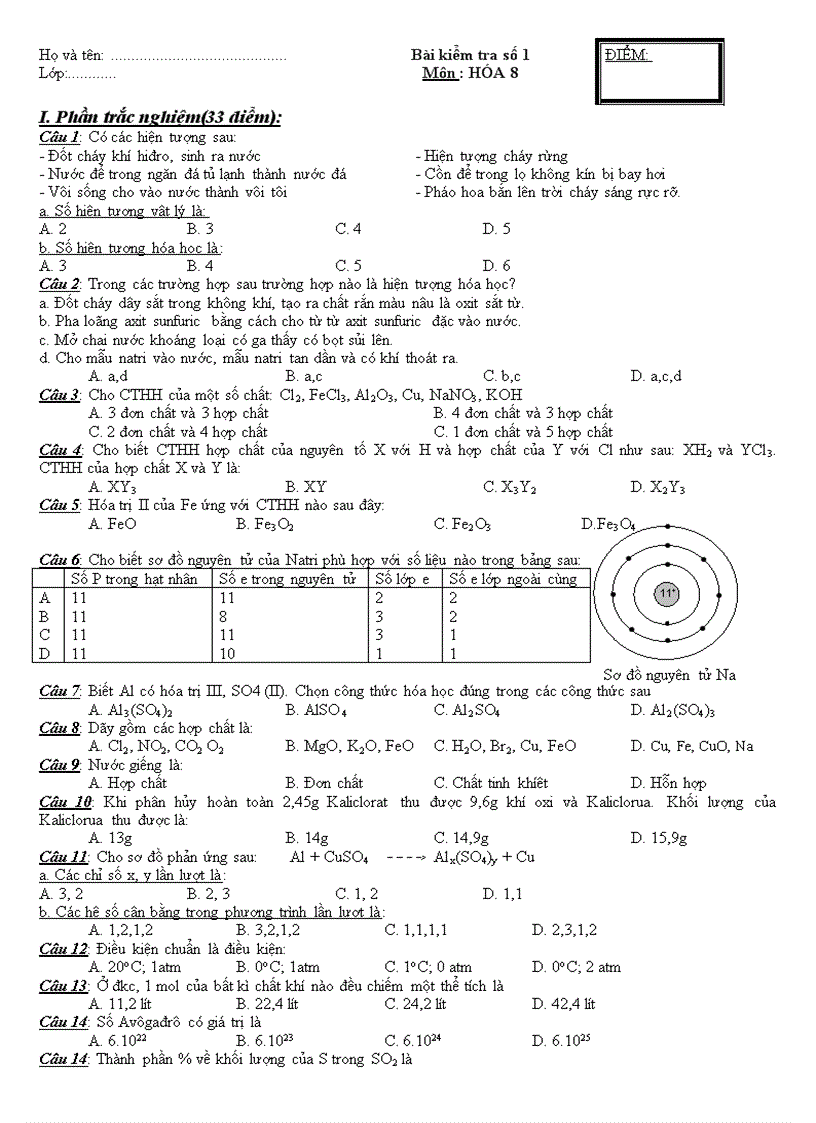 Đề kiểm tra hóa 8 hkI