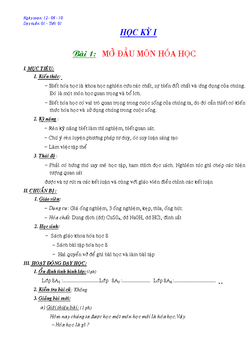 Hóa 8 Soạn kỹ phấn 1