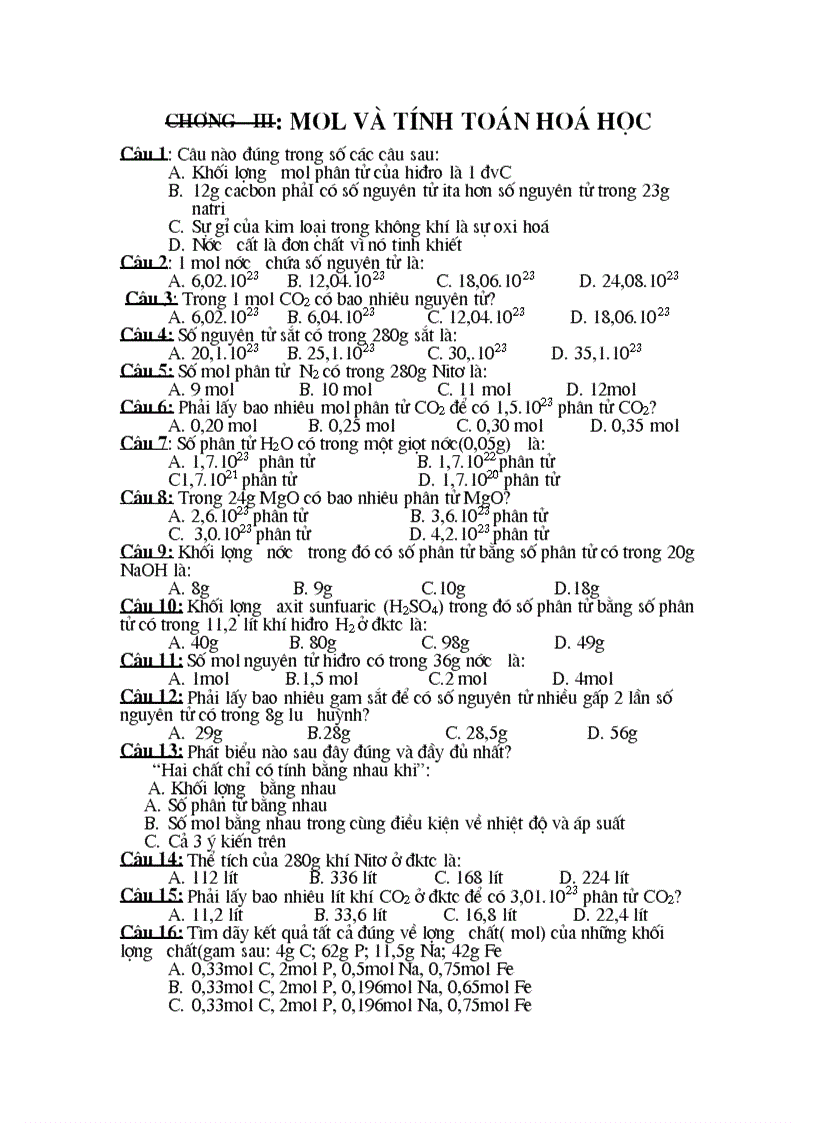 50 Câu TN Hóa 8 Chương III có đáp án