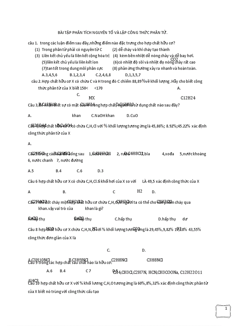 Bài tập phân tích nguyên tố và lập công thức phân tử