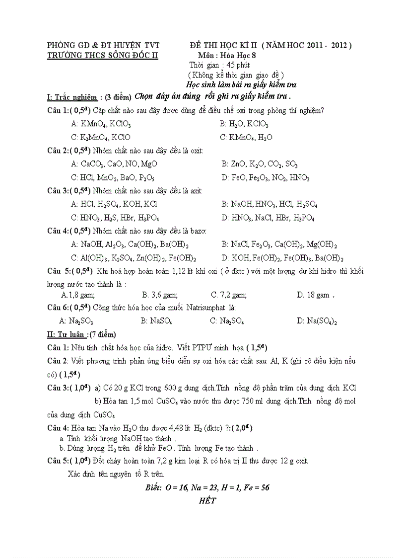 Đề KT Học Kì II Hóa học 8