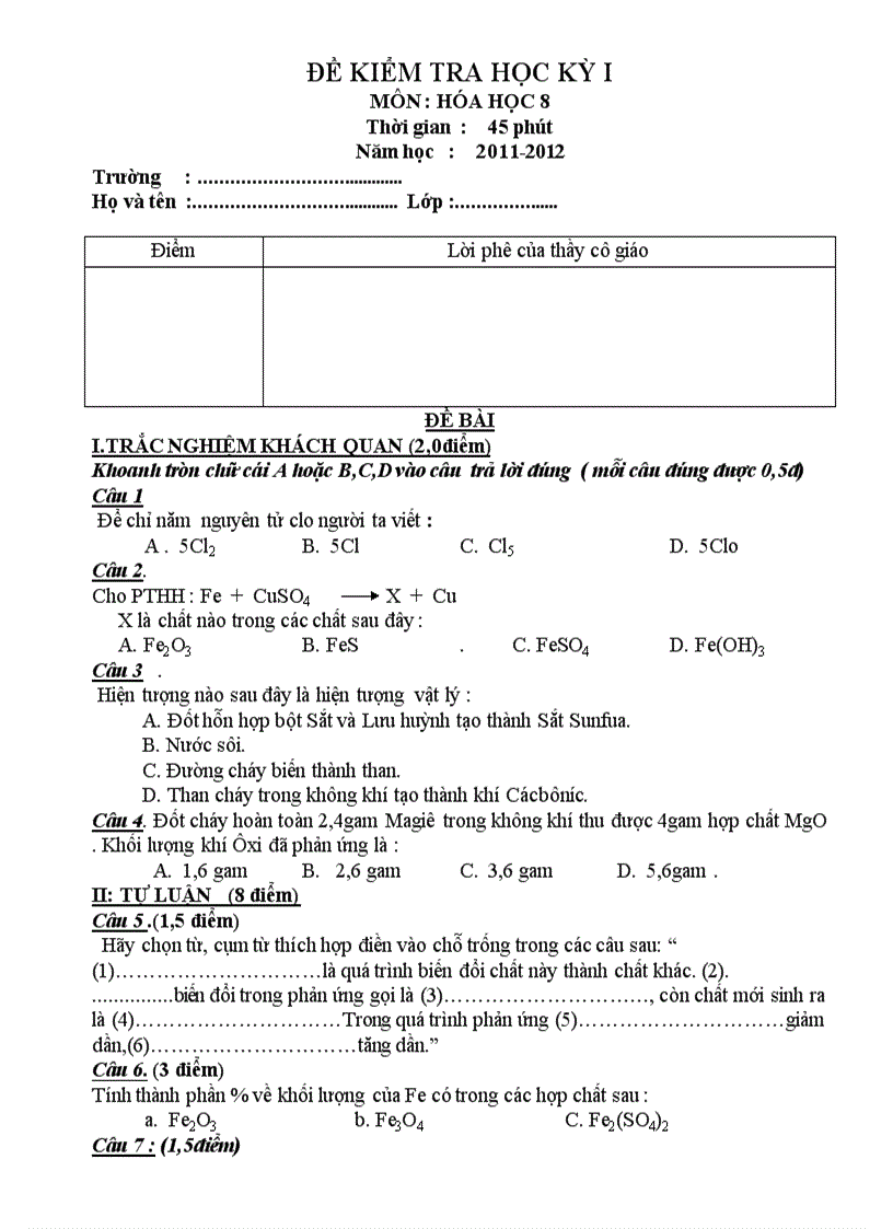 De kiem tra HKI Hoahoc 8 2011 L Thanh