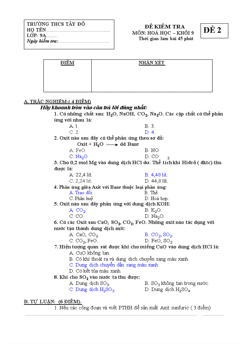Đềb kiểm tra hóa 9 lần i thcs tây đô