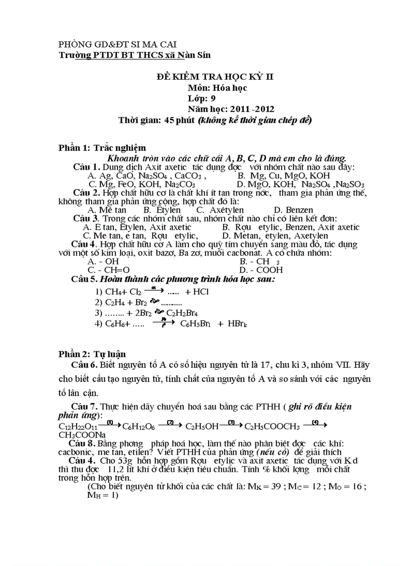 Đề KTHKII hóa 9 Bạch Đoàn