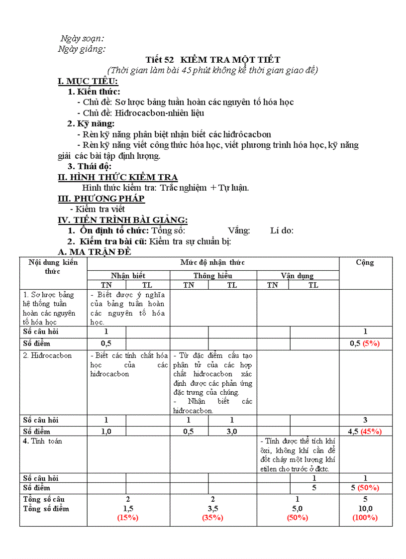Hoa học 9 tiết 52 Kiểm tra 1 tiết