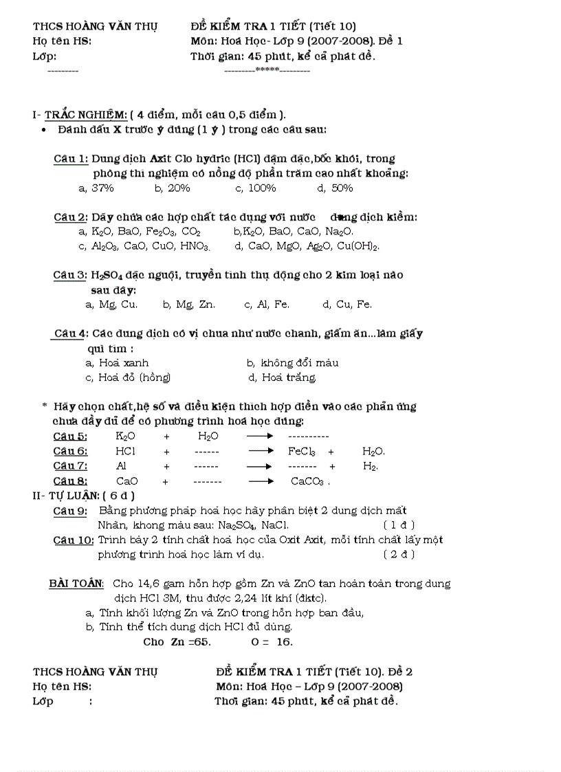 ĐỀ KIỂM TRA HKI HÓA 9 CÓ ĐÁP ÁN Năm học 2008 2009 2 đề