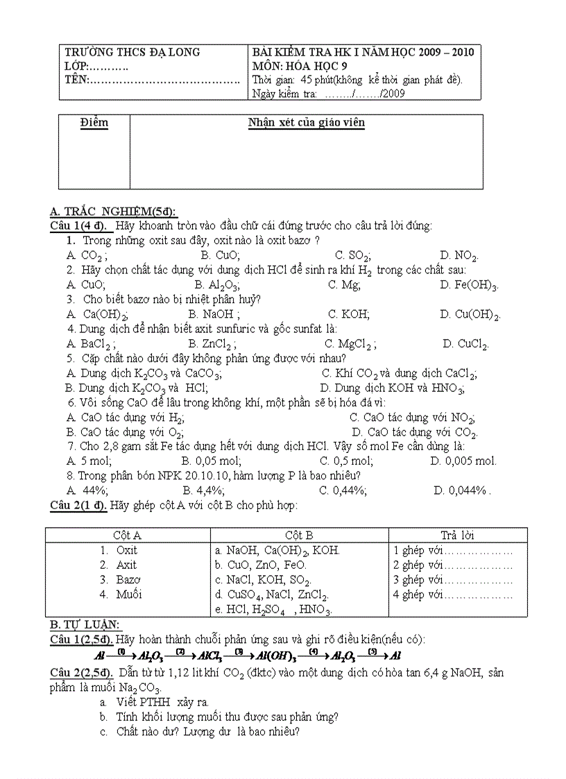 Kiểm tra kì I hóa 9 đề 2