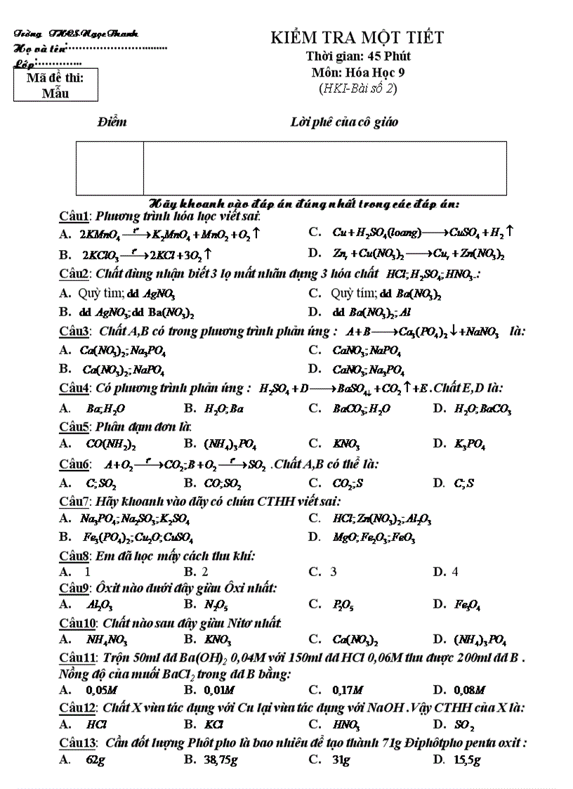 Đề Đáp án Kiểm tra một tiết KH I bài 2