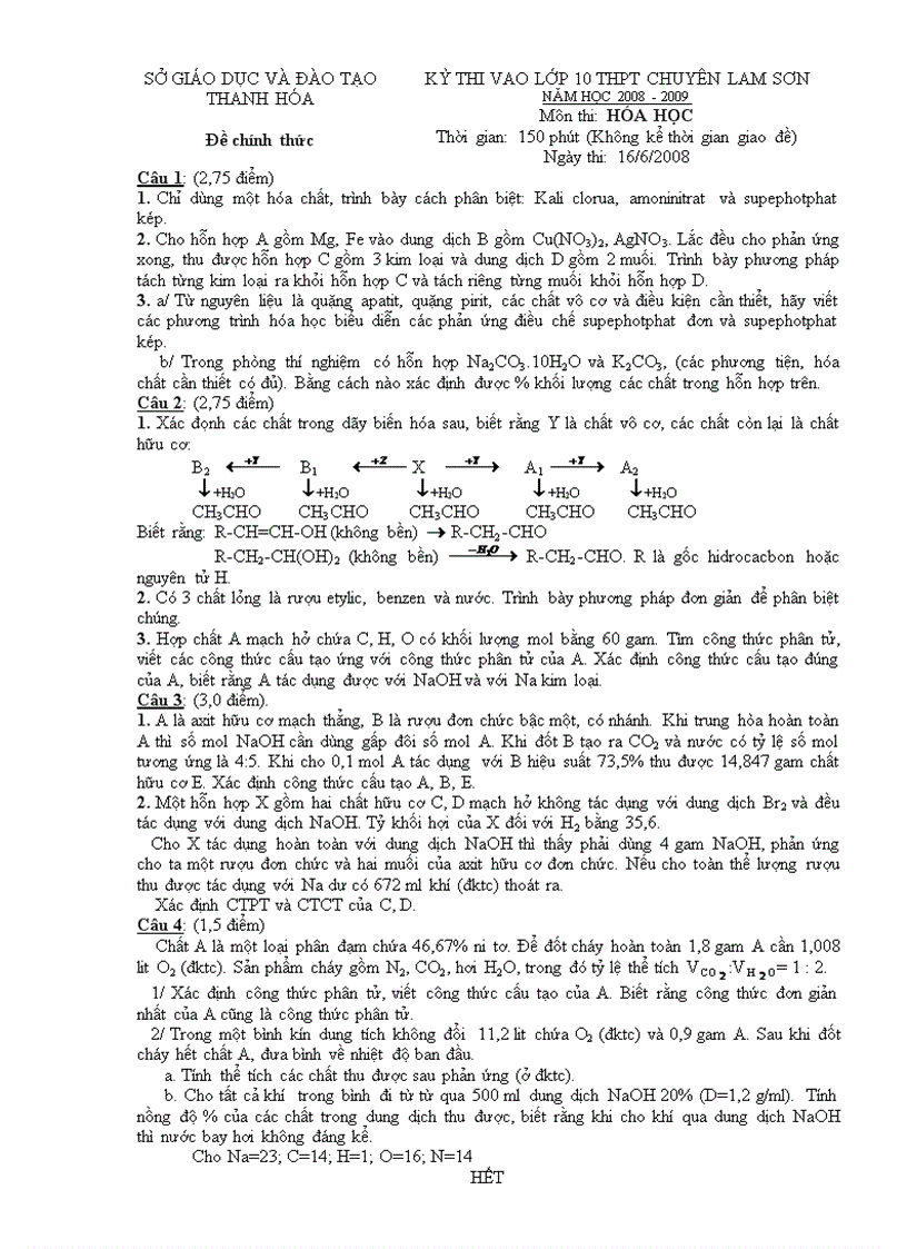Đề thi Hóa vào 10 chuyên Lam Sơn Thanh Hóa 2008 2009