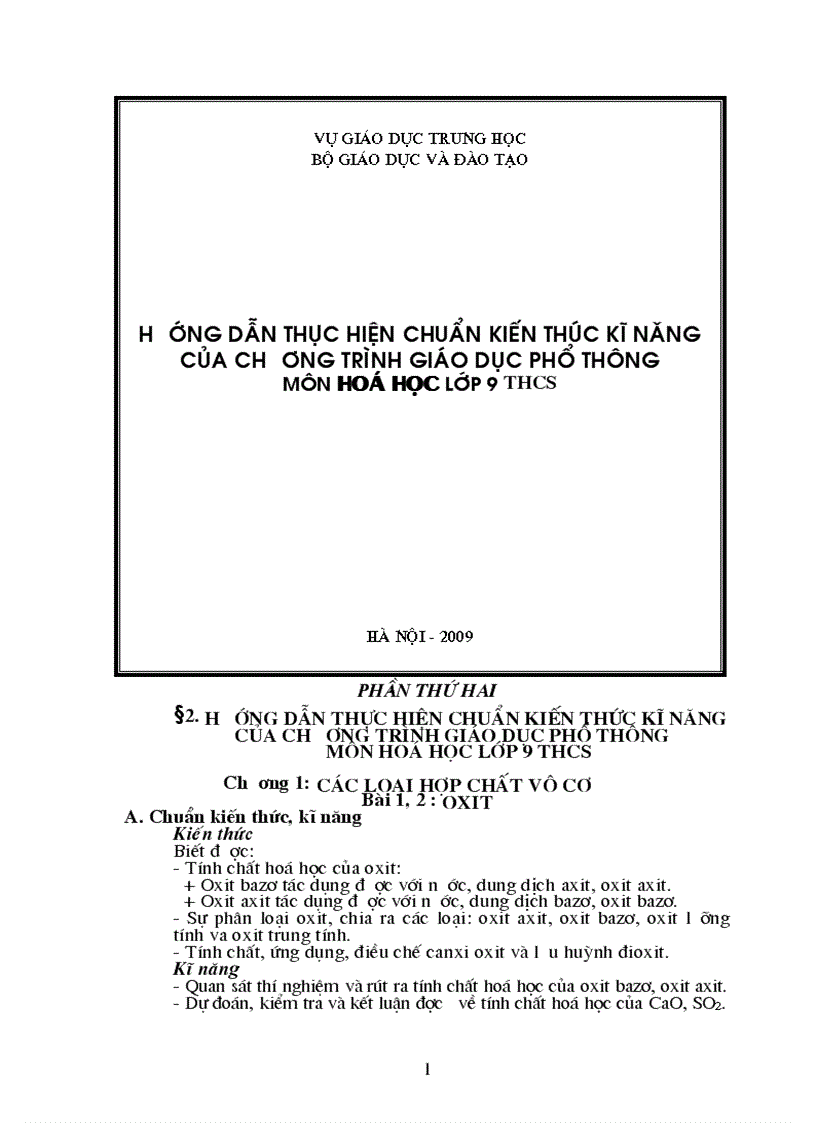 Chuẩn kiến thức kĩ năng hóa học 9