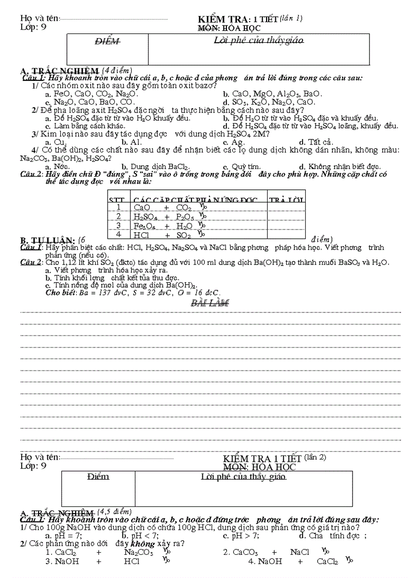 Kiểm tra hóa 9 1 tiết cả năm
