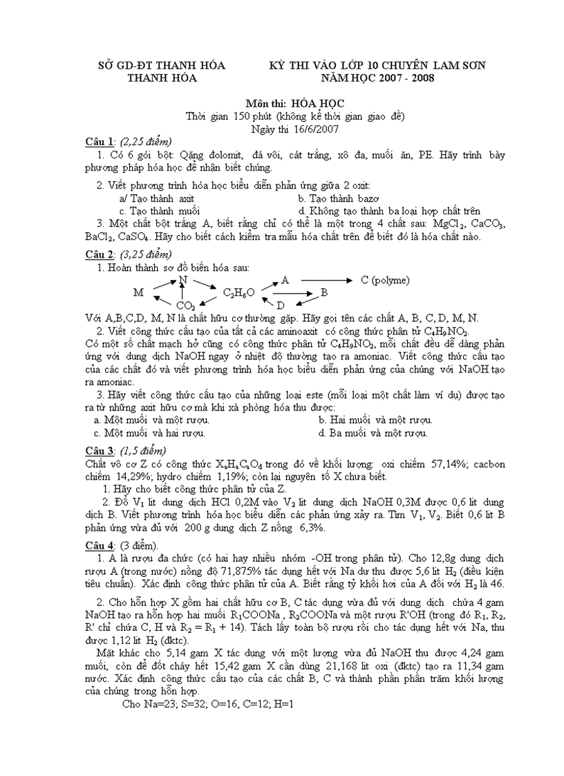 Đề thi vào lớp 10 chuyên Lam Sơn Thanh Hóa NH 07 08