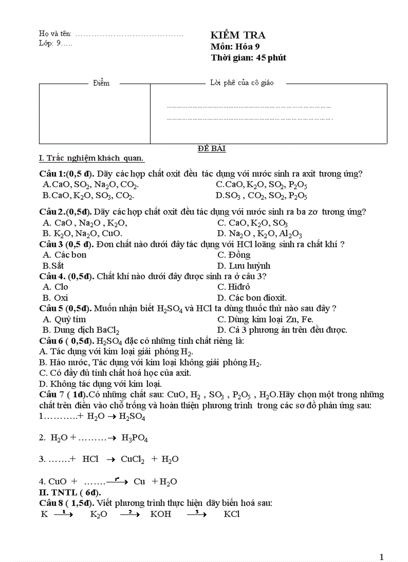 Đề kiểm tra 1 tiết hóa 9 hay