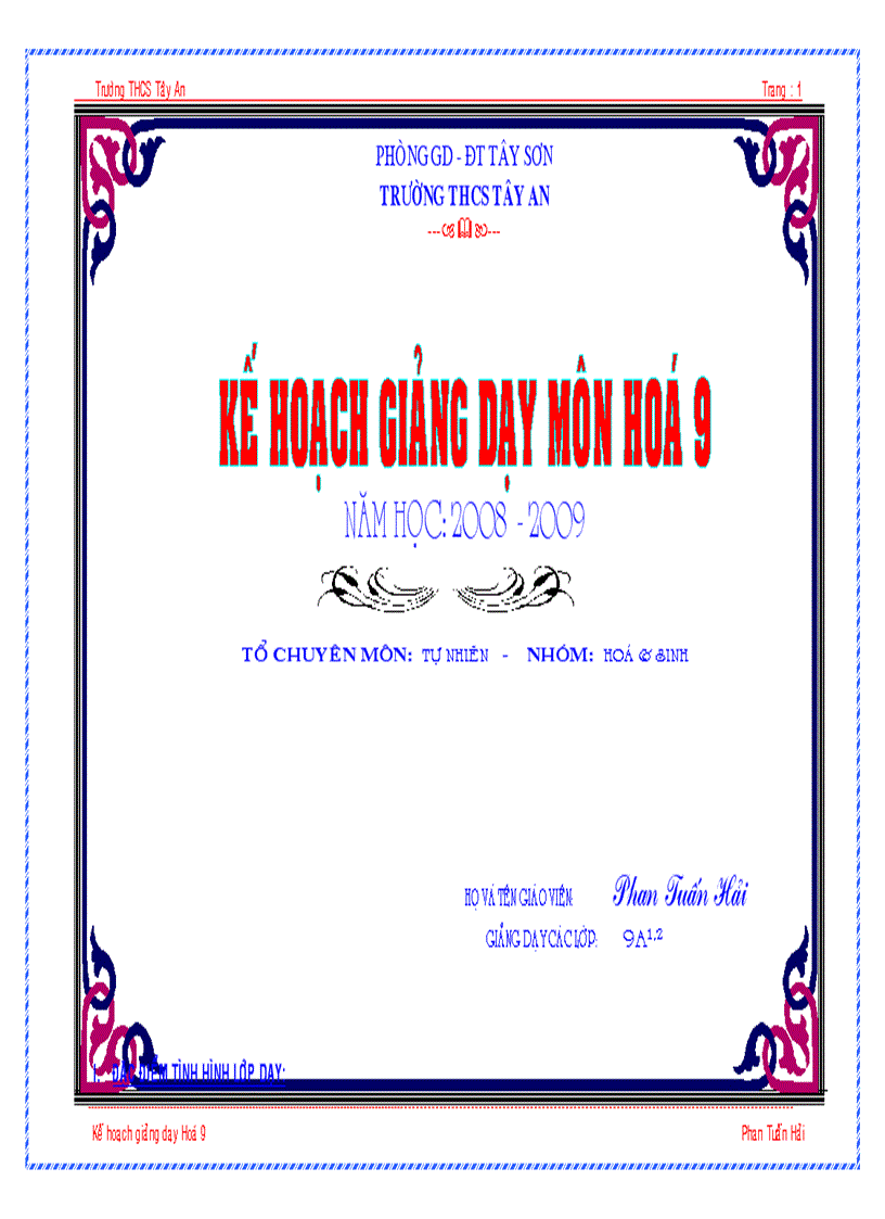 Kế hoạch giảng dạy môn hoá 9