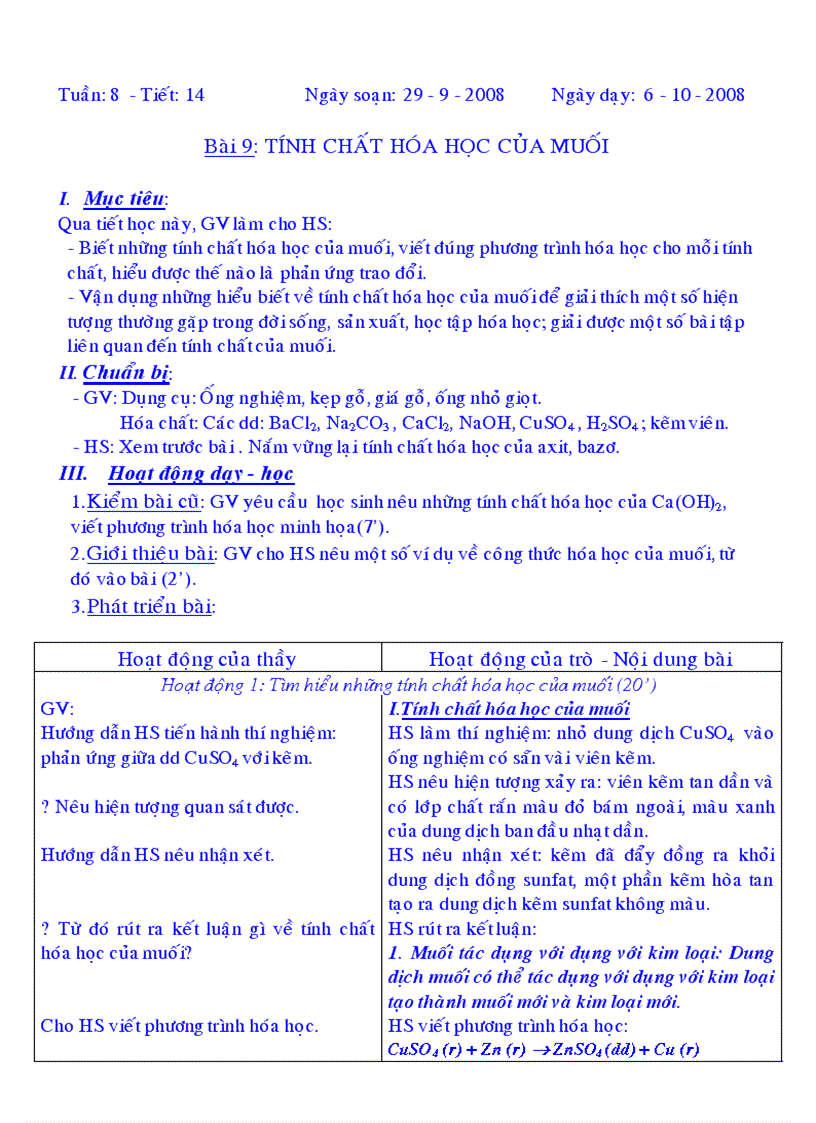 Giáo án Hóa 9 bai 9