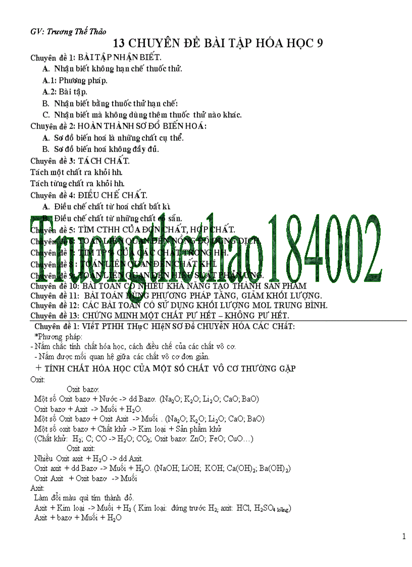 Các Dạng bài tập Hóa Học 9