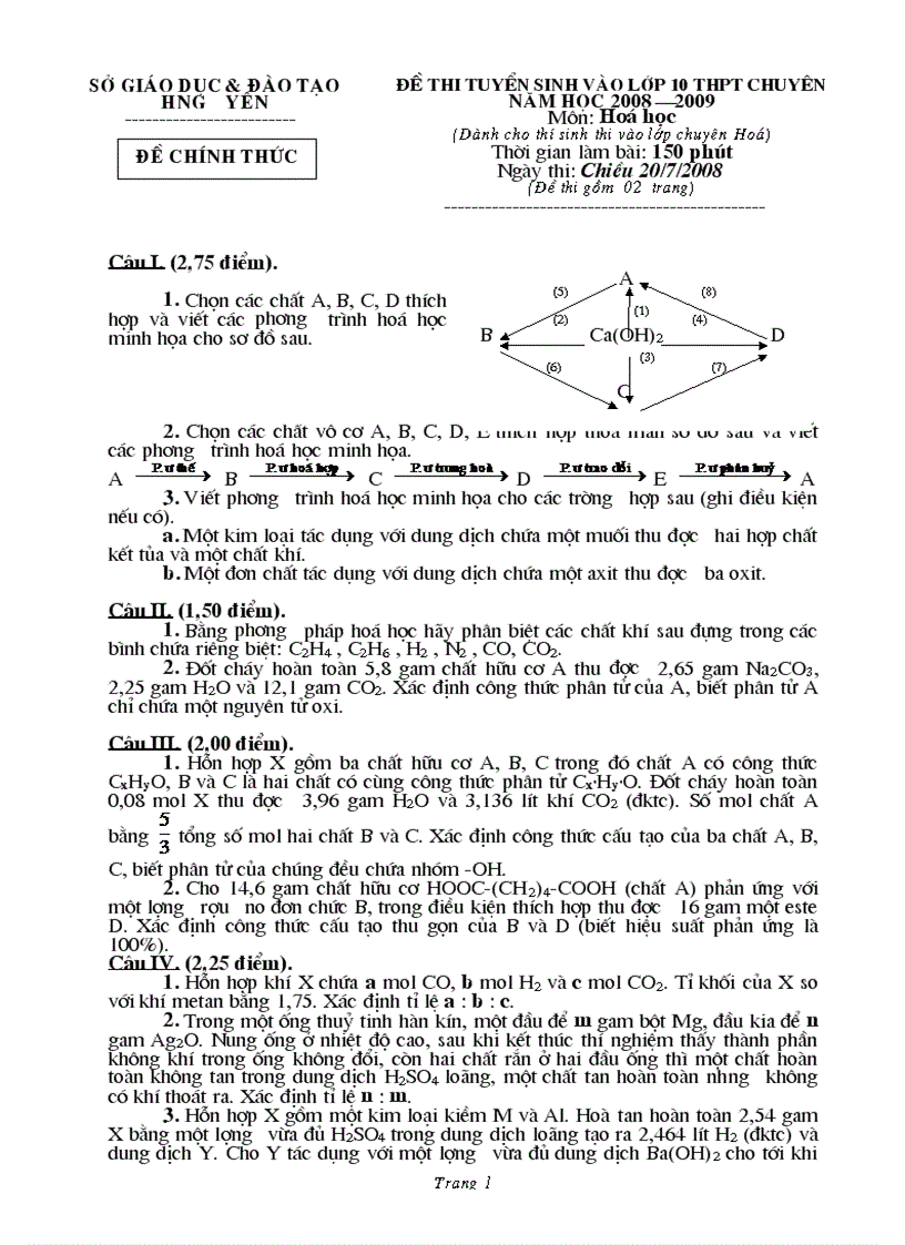 Đề thi vào thpt chuyen Hưng yen 2008