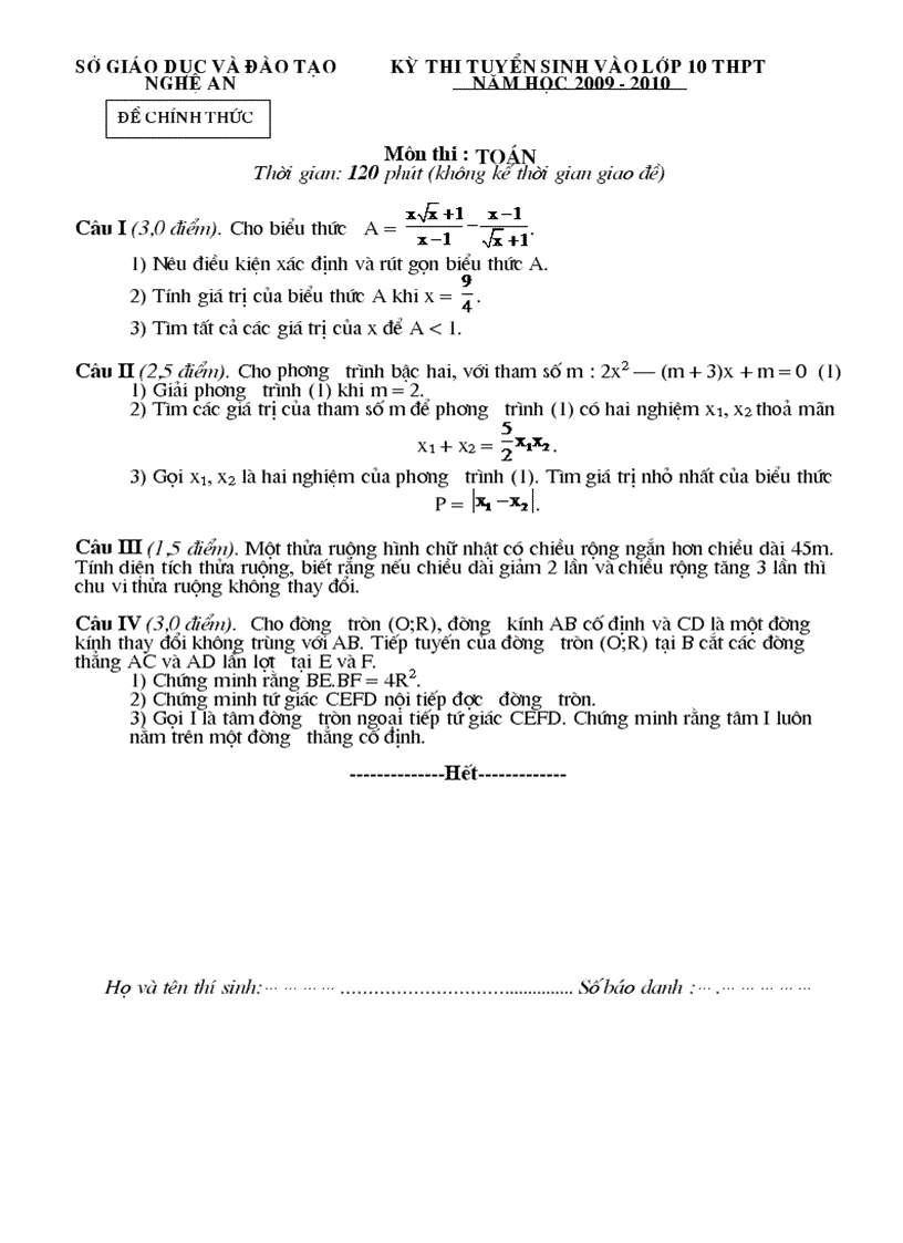 Đề thi tuyển sinh vào lớp 10 Môn Toán Năm học 2009 2010