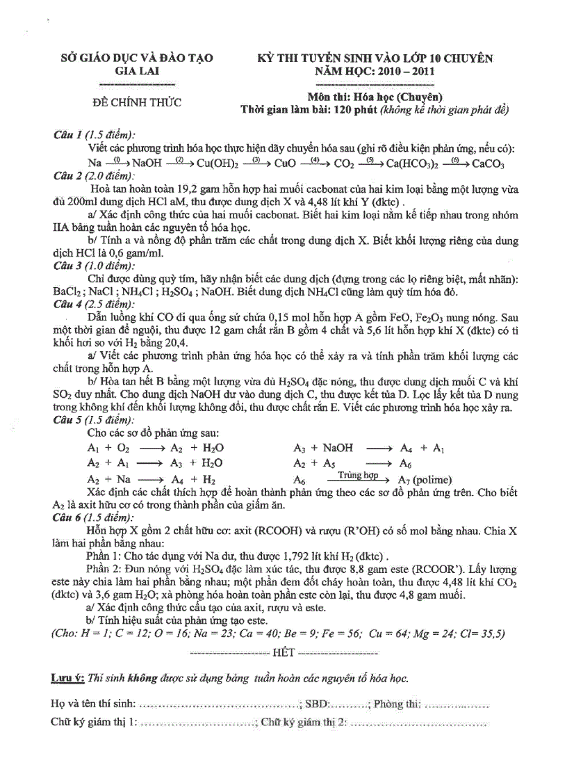 Đề thi và đáp án vào lớp 10 gialai môn hóa 2010 2011