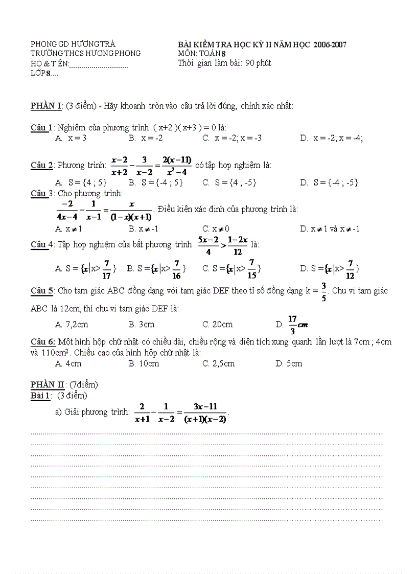 Kiểm tra Toán 8 HKII