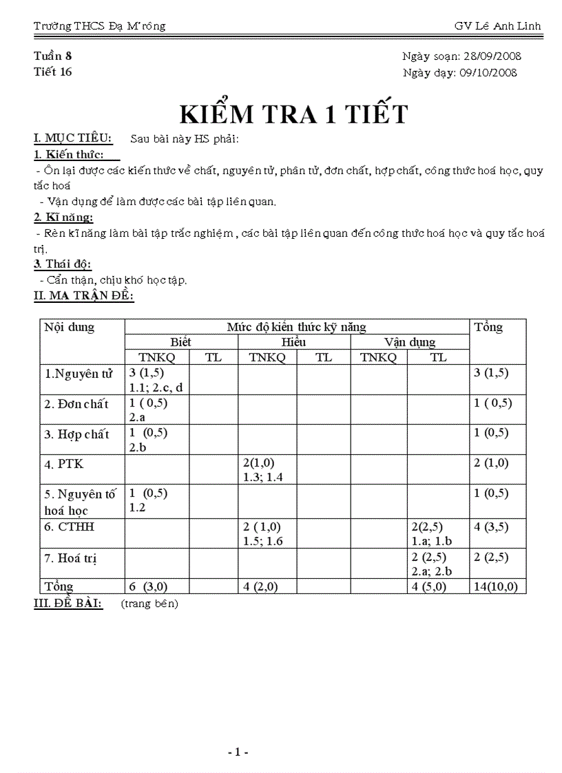 Bài kiểm tra hóa 8 số 1