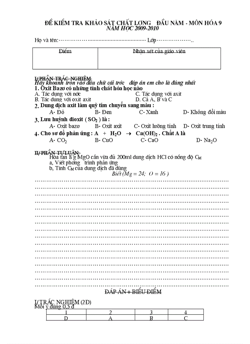 Đề và đáp án kiểm tra khảo sát đầu năm hóa 9