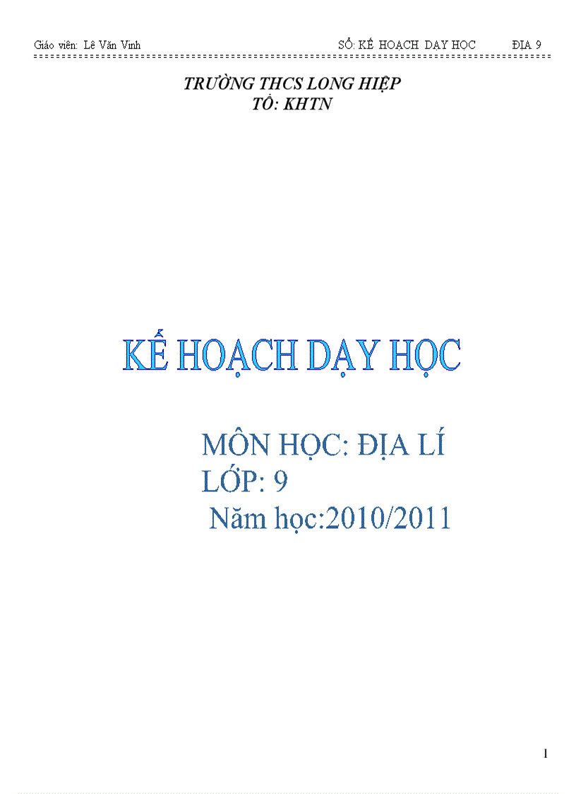 Kê hoạch dạy học Địa 9 theo chuẩn KTKN