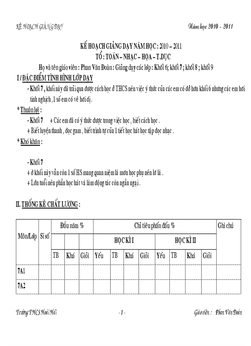 Kế hoạch bộ môn âm nhạc lớp 7 năm 2010 2011