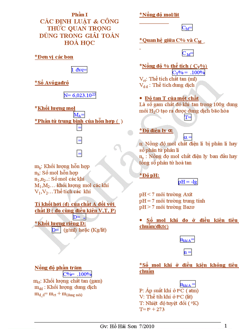 Công thức định luật giải toán hóa học