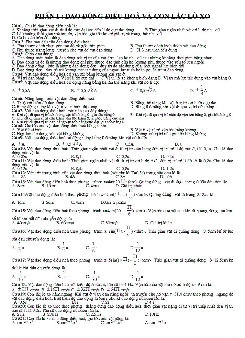 285 câu trắc nghiệm giao động điều hòa