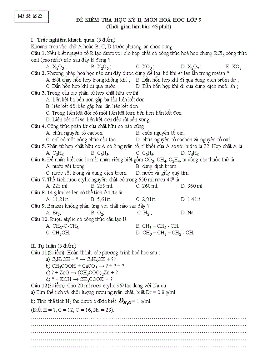 Đề HD chấm hoá 9 kỳ II