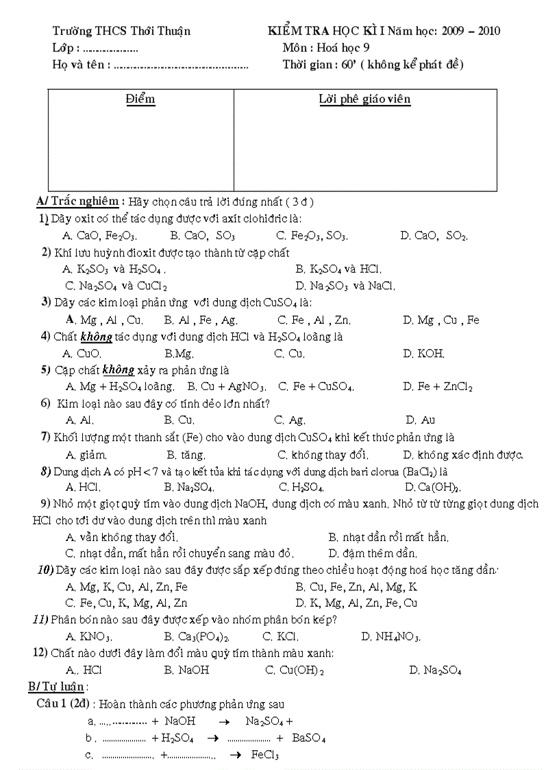 Đề thi hk i hoá9