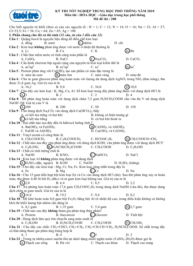 Gợi ý giải đề thi hóa lớp 12 năm 2010