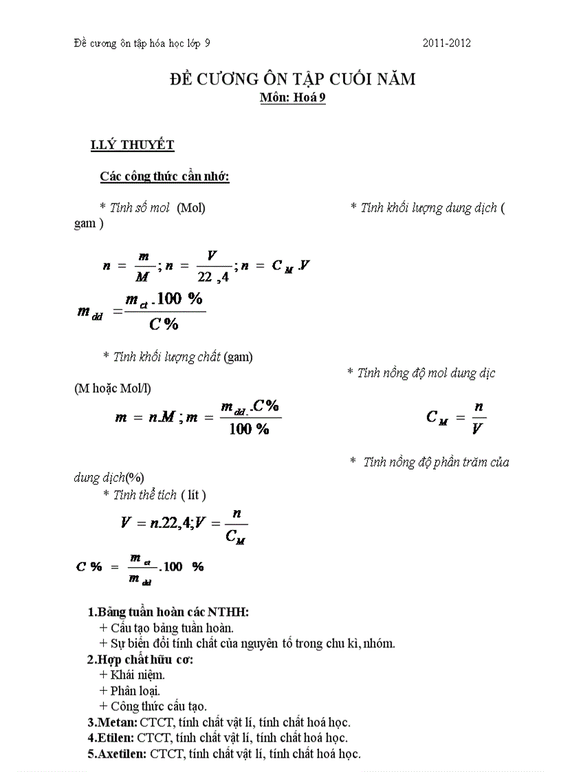 Đề cương ôn tập hóa 9