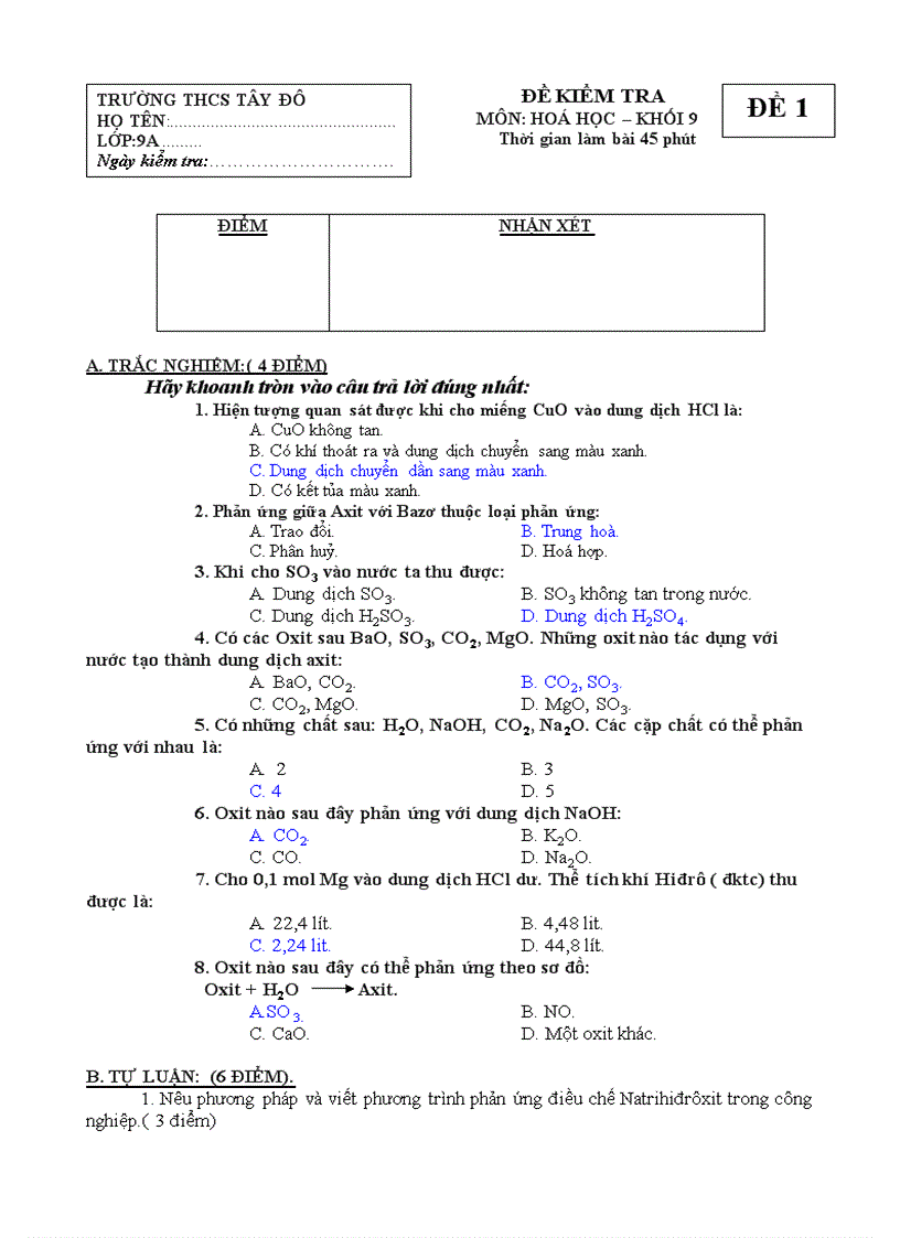 Đề Kiểm Tra Hóa 9 lần I