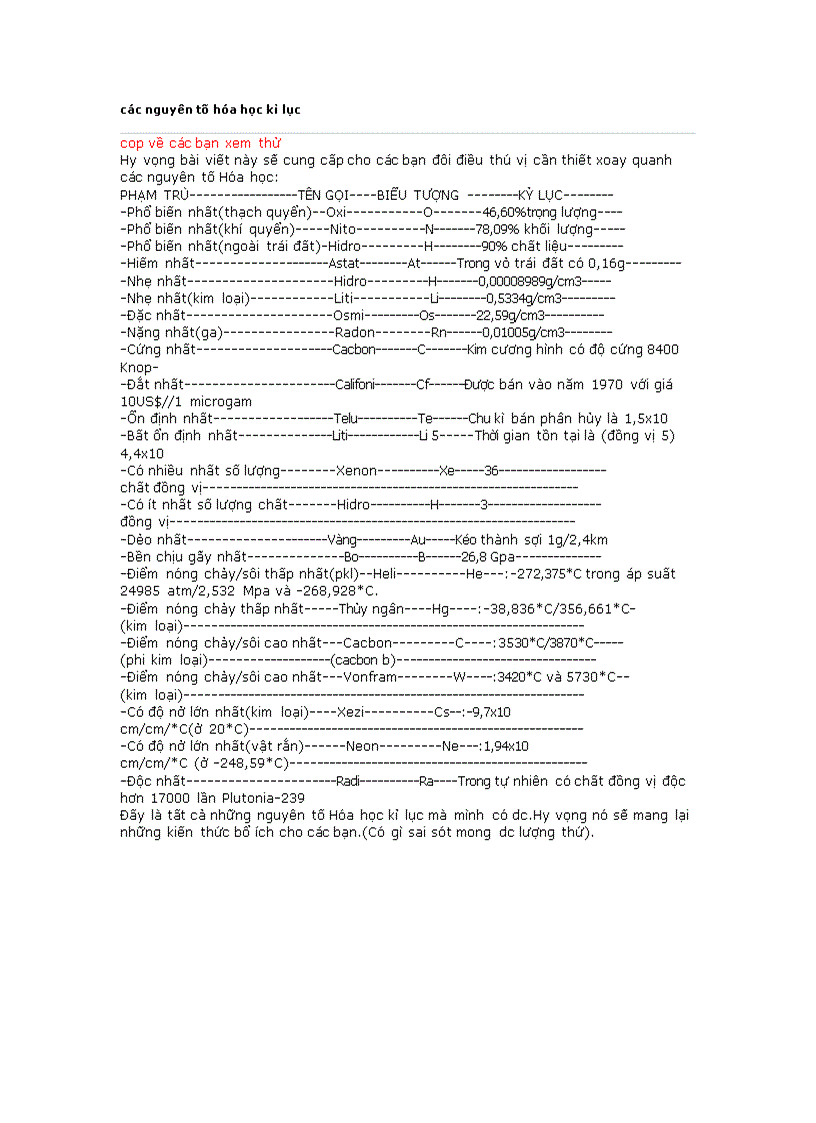 Các nguyên tố hóa học kỉ lục 1