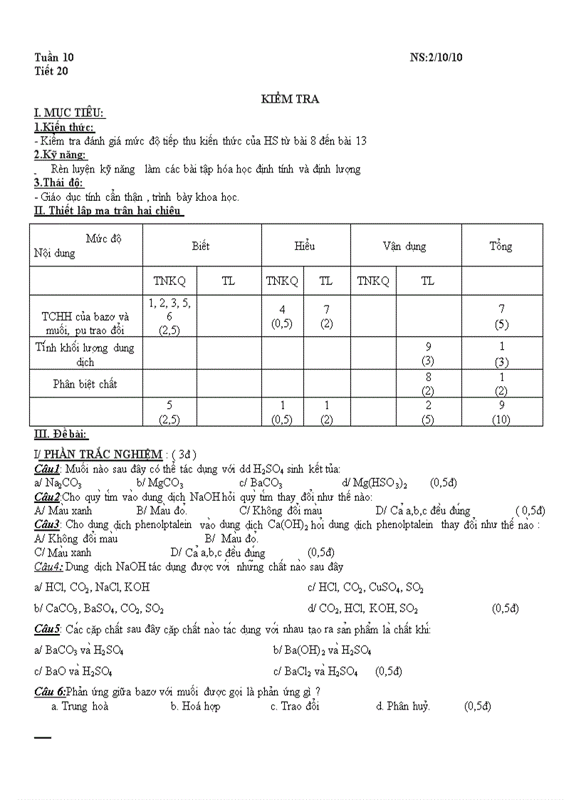 Kiem tra hoa 9 tiet 20 chuan