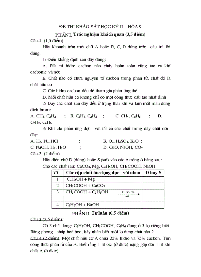 Đề thi khảo sát học kỳ ii hoa9