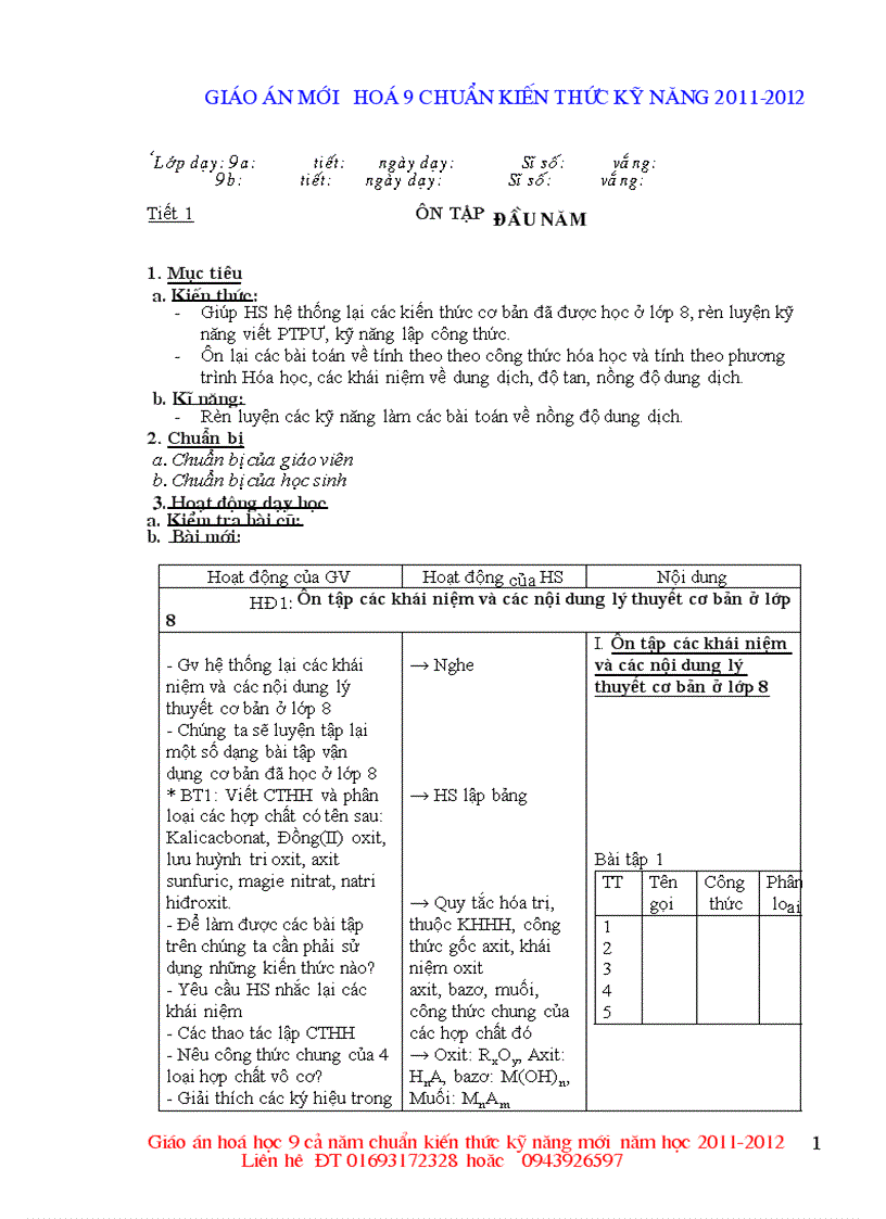 Giáo án Hóa Học 9 cả năm chuẩn mới 2011 2012