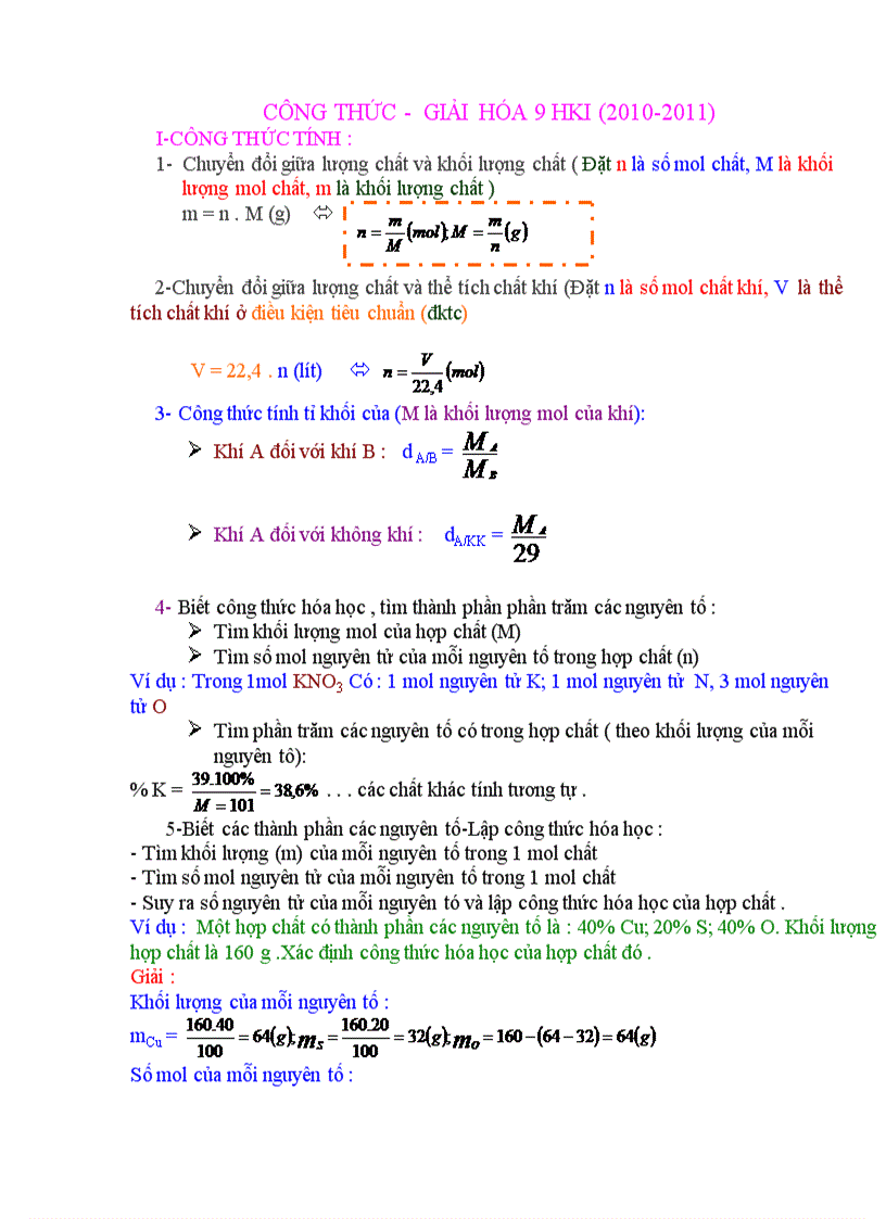 Công thức cách giải hóa 9 hki