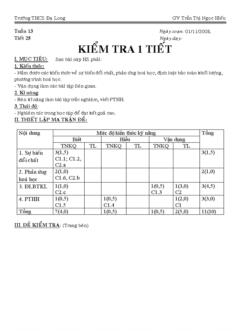 Bài kiểm tra 1 tiết hóa 8 số 2