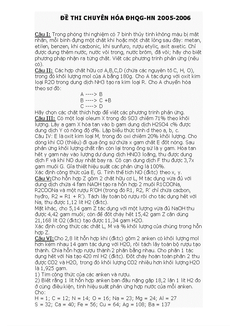 Đề thi chuyên Hóa ĐHQG Hà Nội 2005