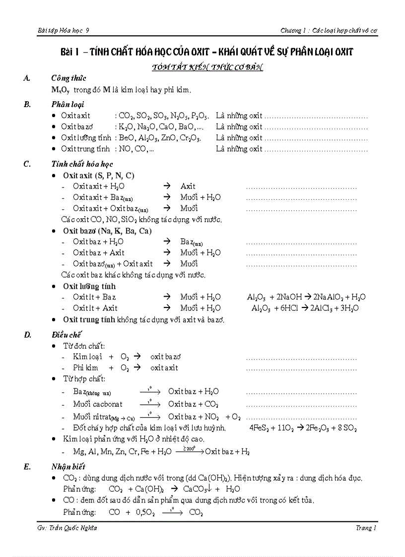Bài 1 TCHH Oxit Dạy thêm