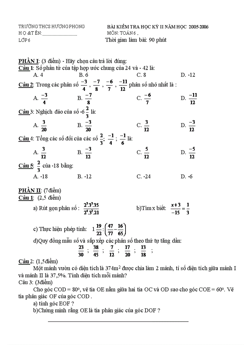 Kiểm tra Toán 6 HKII