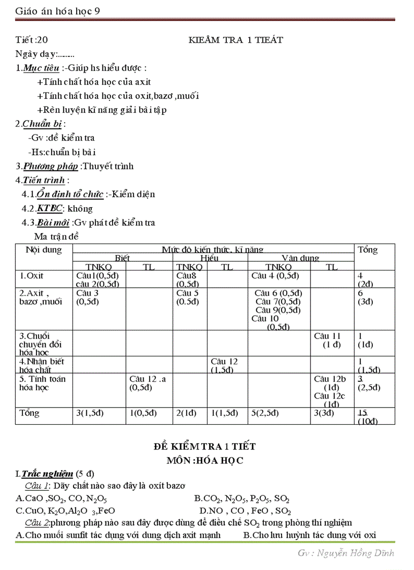 Hóa 9 tiết 20